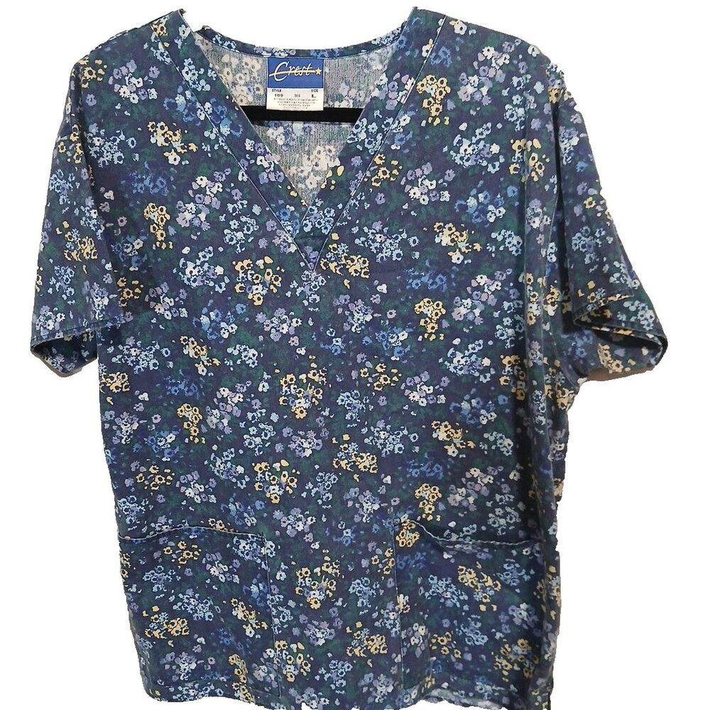 Crest Scrub Top Size L Womans Blue Floral Med Vet Peds